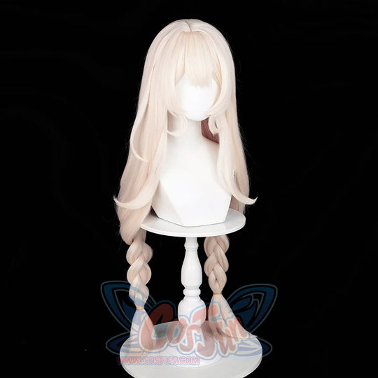Alice cosplay wig right side view displaying straight-cut bangs and softly curved beige side locks