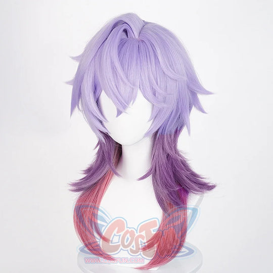 Durin cosplay wig left side view showing purple to pink gradient with wavy layered hair texture