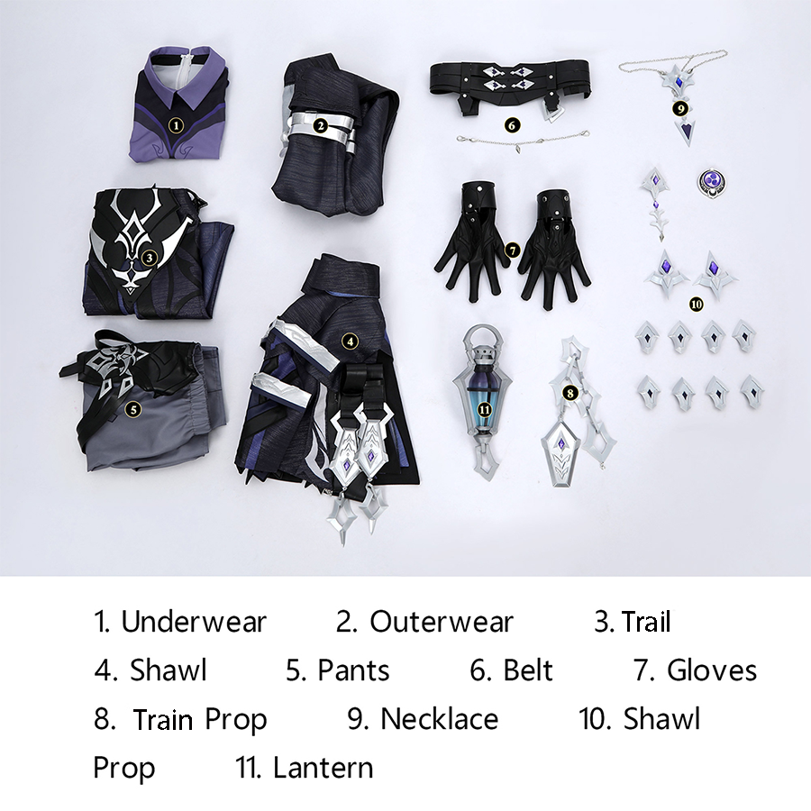 Genshin Impact Flins Cosplay Costume, includes underwear, outerwear, trail, shawl, pants, belt, gloves, trail prop, necklace, shawl prop, lantern.