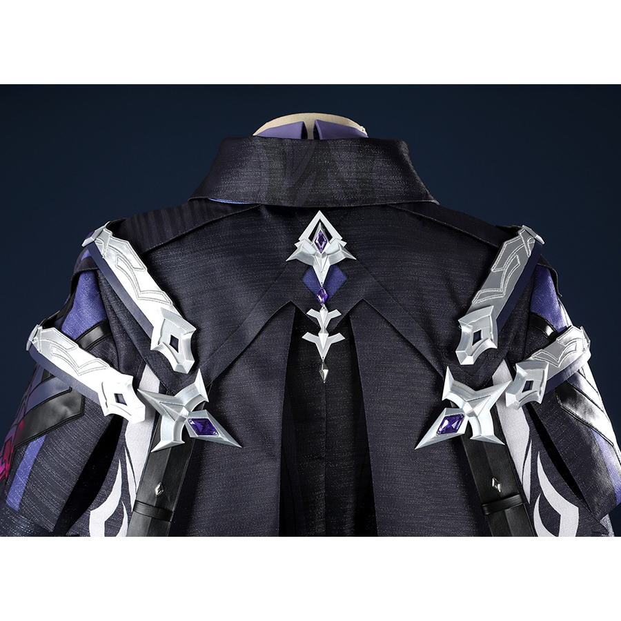 Genshin Impact Flins Cosplay Costume, the shawl has delicate silver armor decorations on the back.