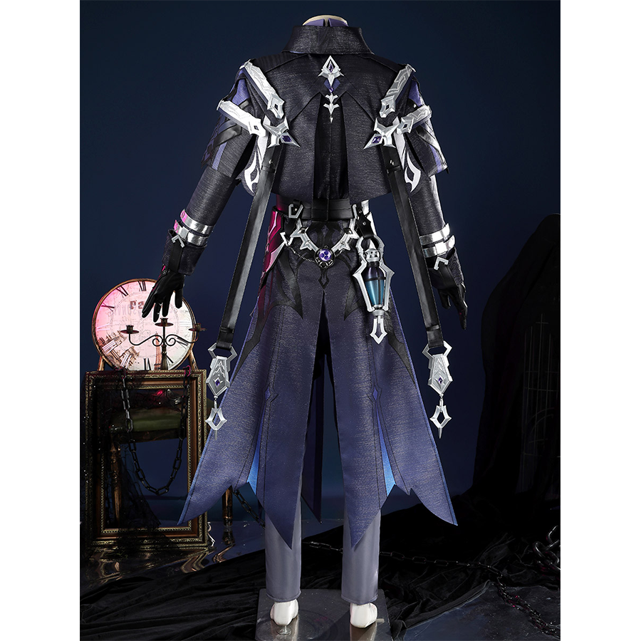 Genshin Impact Flins Cosplay Costume, black and purple outfit with sliver decoration, front view.