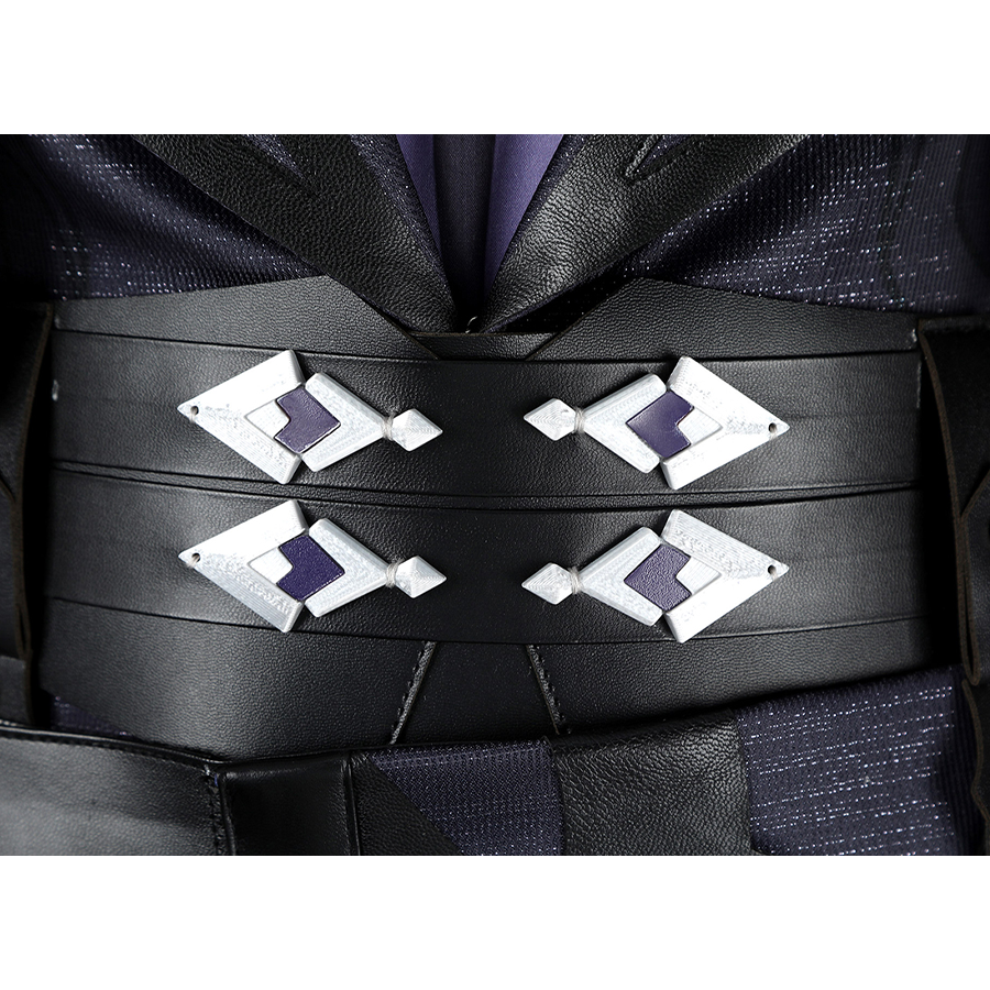 Genshin Impact Flins Cosplay Costume, black PU leather belt with sliver decorations.