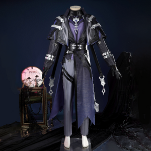 Genshin Impact Flins Cosplay Costume, black and purple outfit with sliver decoration, front view.