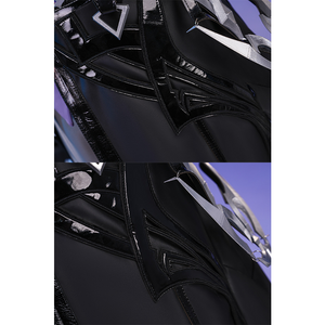 Flins cosplay costume glove laser cutting process showing black fabric pieces with decorative patterns