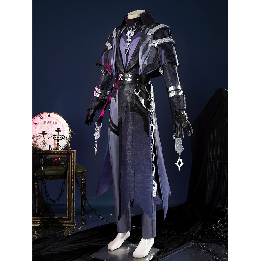 Genshin Impact Flins Cosplay Costume, black and purple outfit with sliver decoration, left side view.