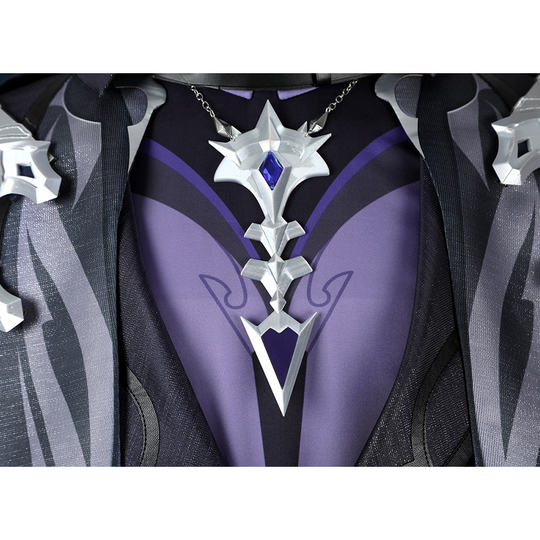 Genshin Impact Flins Cosplay Costume, the top has a  silver emblem on the chest.