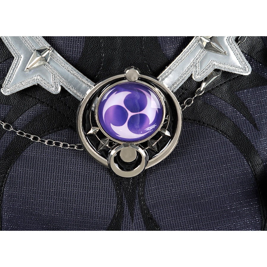 Genshin Impact Flins Cosplay Costume, featuring a round purple ornament on the back of the belt.