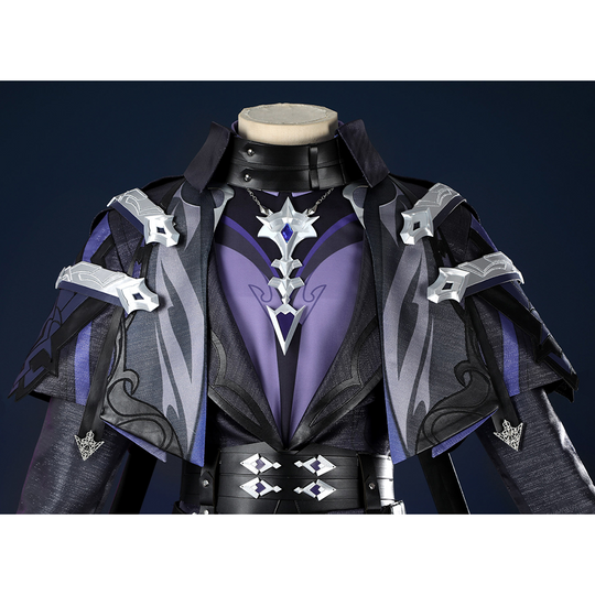 Genshin Impact Flins Cosplay Costume, the top has layered designs and along with a striking silver emblem on the chest.