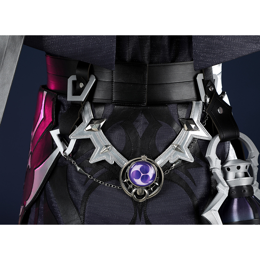 Genshin Impact Flins Cosplay Costume, the back of the belt has sliver and purple decoration.