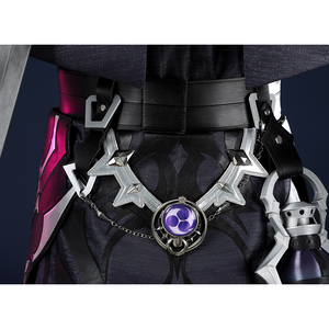Genshin Impact Flins Cosplay Costume, the back of the belt has sliver and purple decoration.