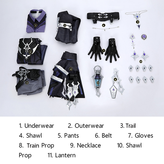 Genshin Impact Flins Cosplay Costume, includes underwear, outerwear, trail, shawl, pants, belt, gloves, trail prop, necklace, shawl prop, lantern.
