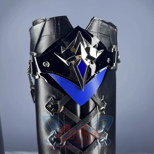 Genshin Impact Flins cosplay shoes leg guard close-up showing silver star emblem with blue gem center