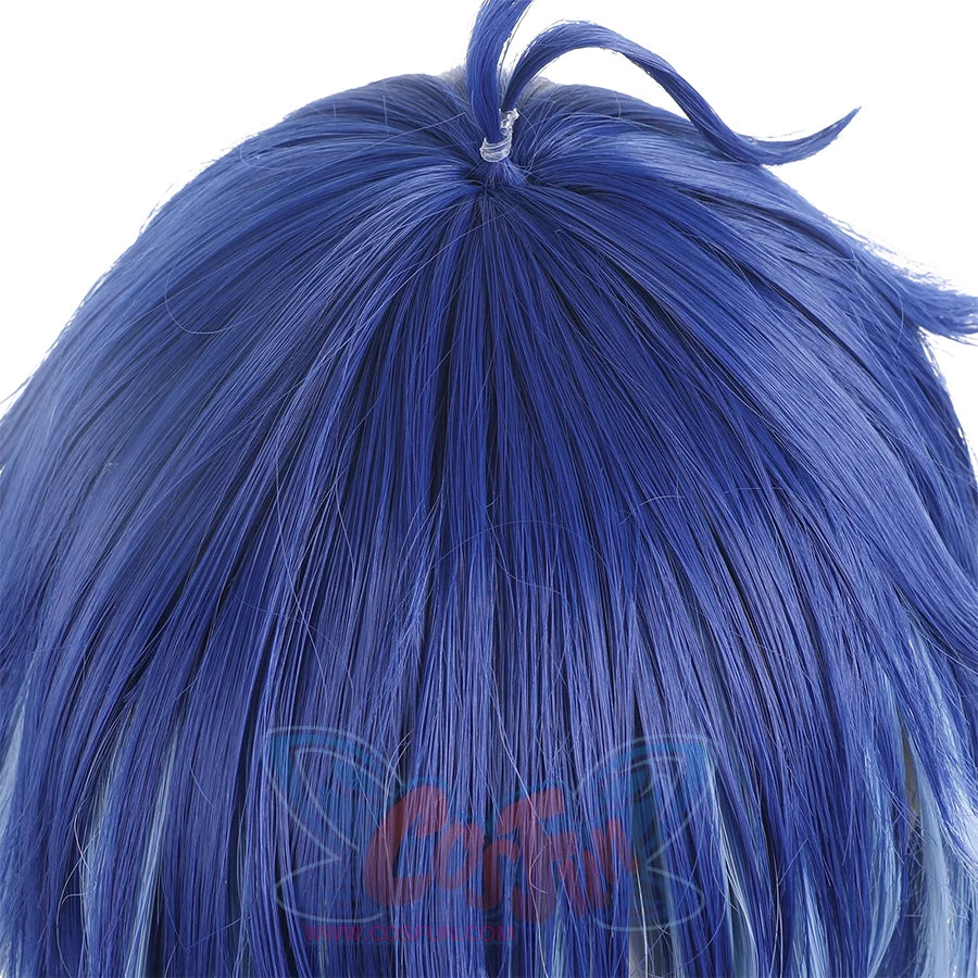 Genshin Impact Flins Cosplay Wig Blue Hair, there is a small tuft of hair standing up on the top