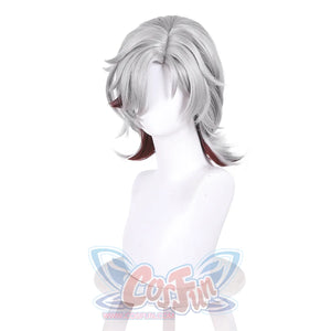 Genshin Impact Illuga cosplay wig detail highlighting gray layered hair ends with burgundy red tips
