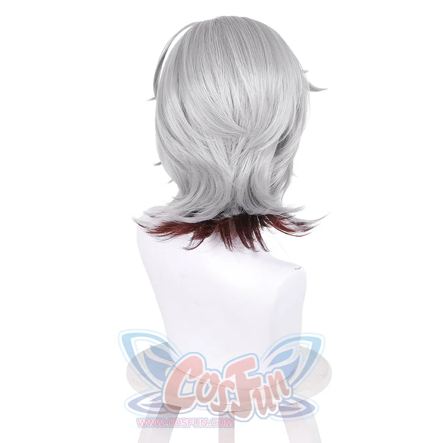 Genshin Impact Illuga cosplay wig front view with short gray hair and burgundy red tips on mannequin
