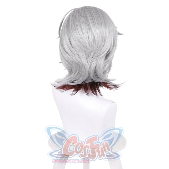 Genshin Impact Illuga cosplay wig back view showing short gray hair with dark red burgundy tips