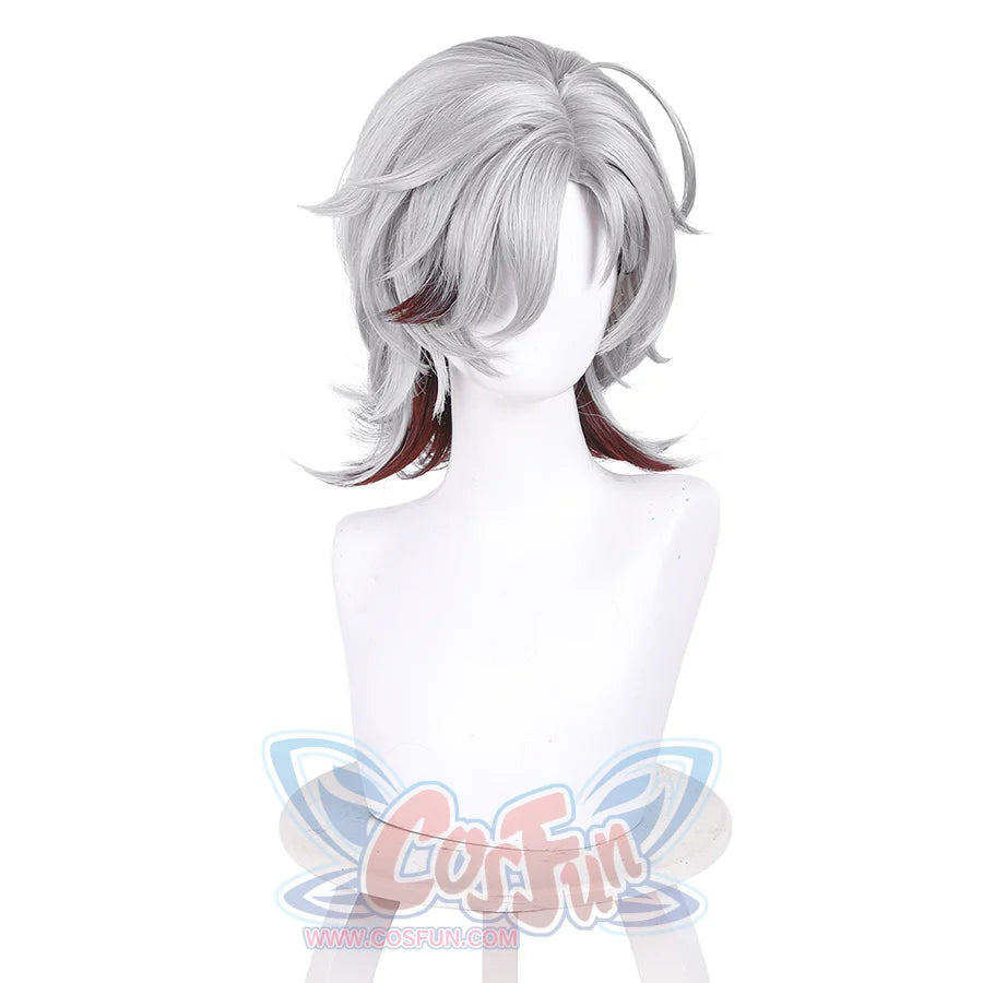 Genshin Impact Illuga cosplay wig angled view showcasing gray hair layers with red burgundy tips
