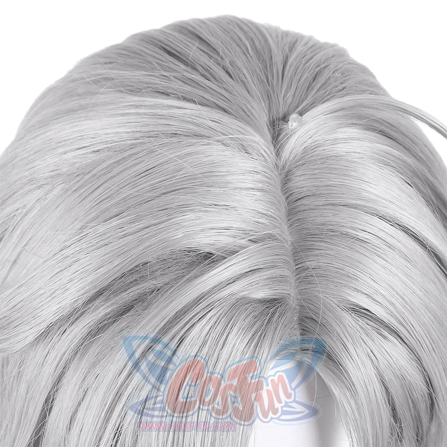 Genshin Impact Illuga cosplay wig close-up detail showing realistic gray hair parting and texture