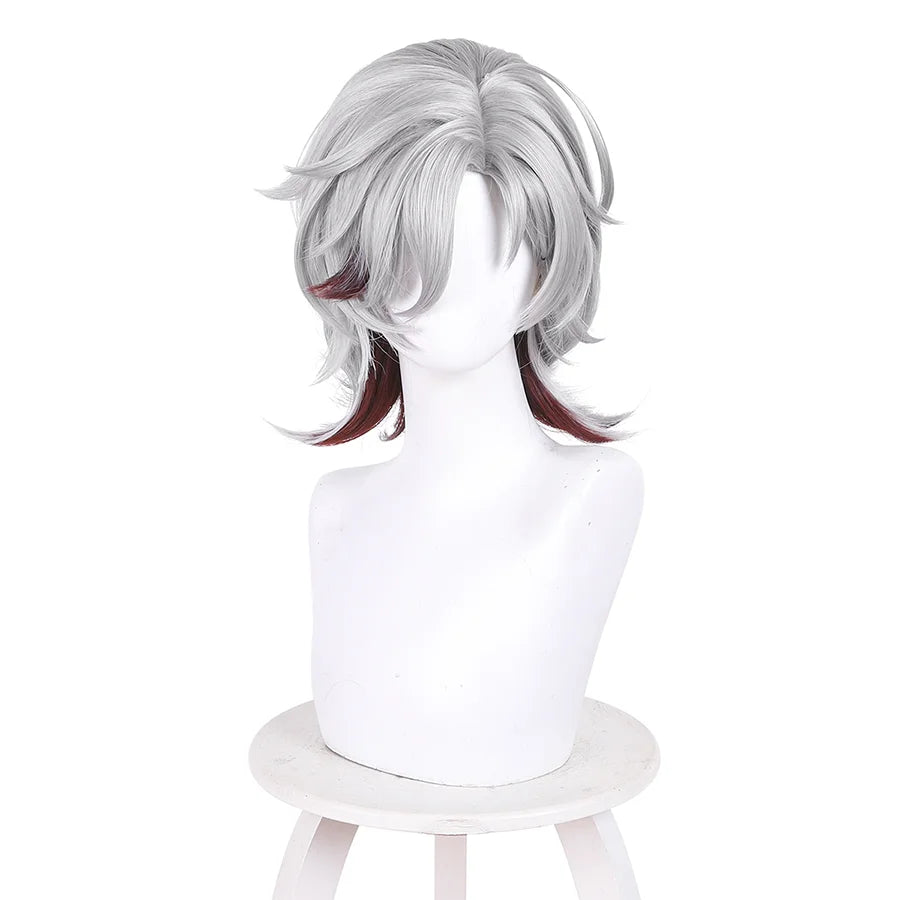 Genshin Impact Illuga cosplay wig front view with short gray hair and burgundy red tips on mannequin