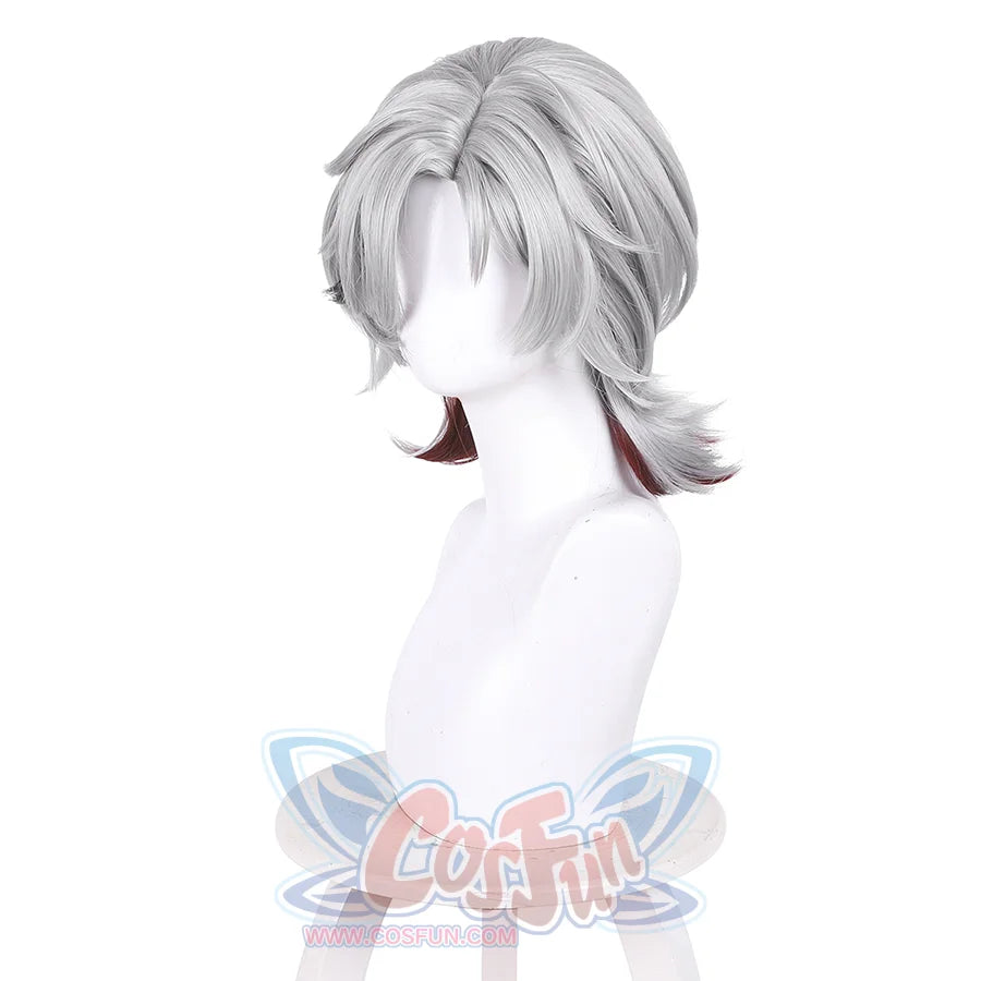 Genshin Impact Illuga cosplay wig left side view displaying short gray layered hair with red tips