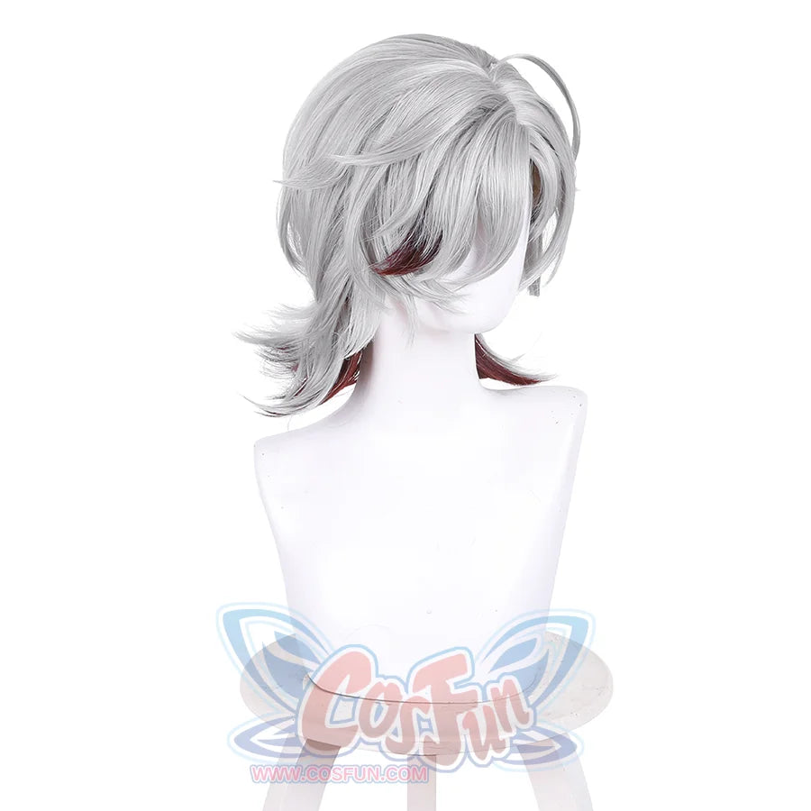Genshin Impact Illuga cosplay wig right side view with layered short gray hair and burgundy red tips