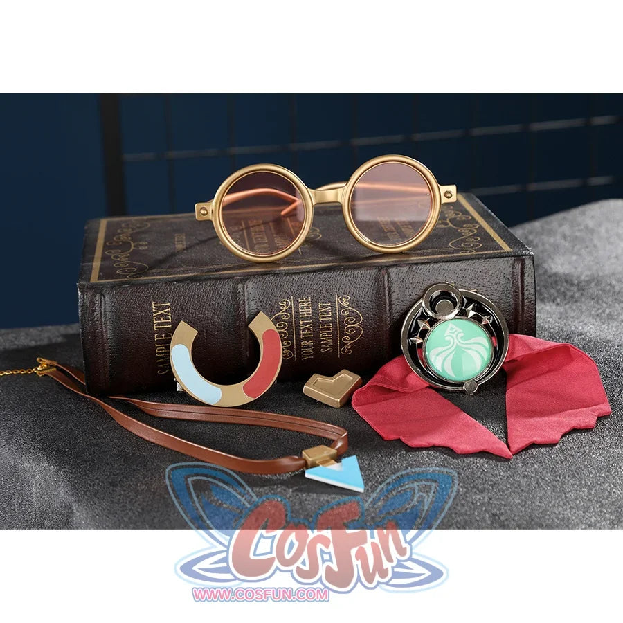 Genshin Impact Jahoda Cosplay Costume accessories, showing glasses, headdress, necklace