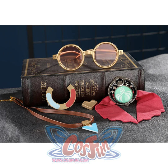 Genshin Impact Jahoda Cosplay Costume accessories, showing glasses, headdress, necklace