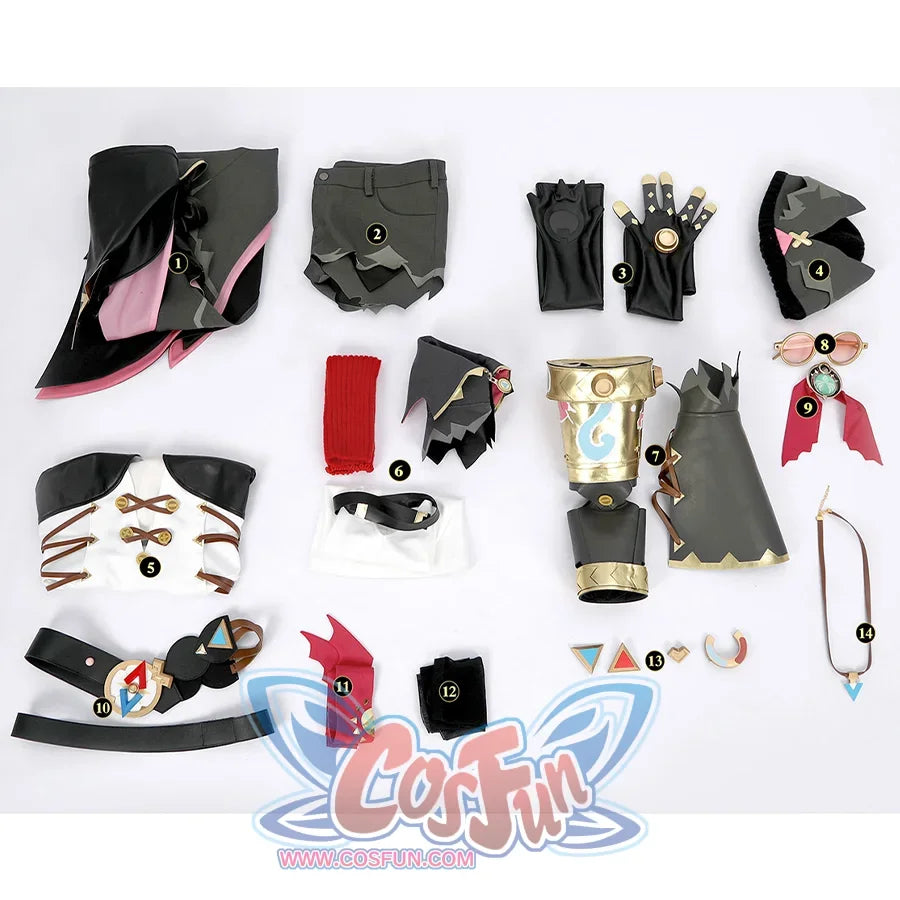 Genshin Impact Jahoda Cosplay Costume all set, includes Cape, pants, gloves, hat, jumpsuit, leg warmers, sleeves, glasses, headdress, belt, straps, stockings, body accessories, necklace