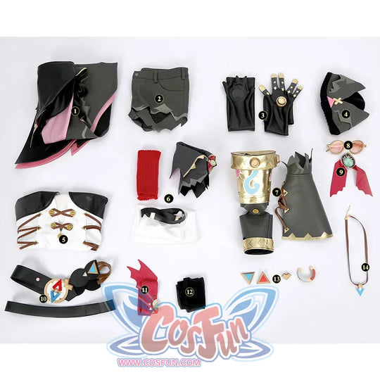 Genshin Impact Jahoda Cosplay Costume all set, includes Cape, pants, gloves, hat, jumpsuit, leg warmers, sleeves, glasses, headdress, belt, straps, stockings, body accessories, necklace