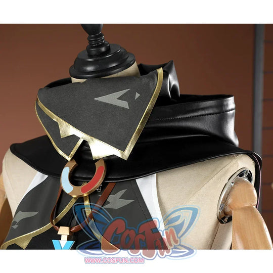 Genshin Impact Jahoda Cosplay Costume, black and grey cape, showing high collar