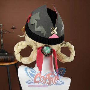 Genshin Impact Jahoda Cosplay Costume, black hat with red and pink trim, back view