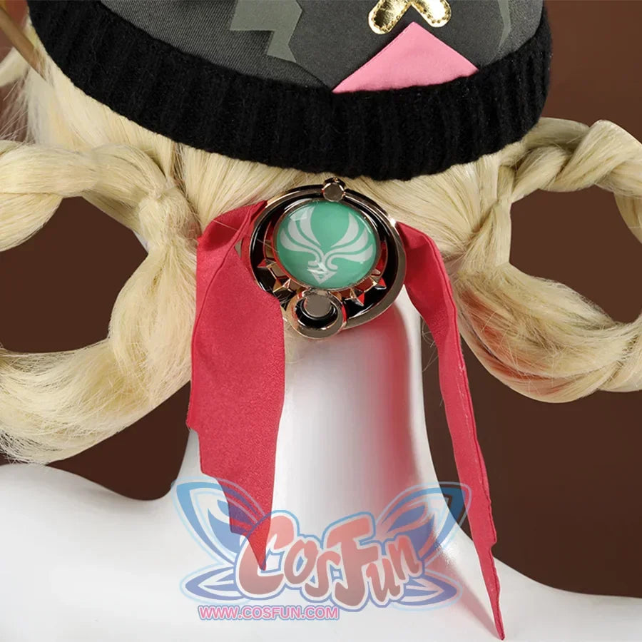 Genshin Impact Jahoda Cosplay Costume headdress, composed of green gemstones with white patterns, metal and red ribbons