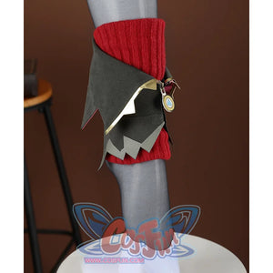 Genshin Impact Jahoda Cosplay Costume, red and grey left leg warmer and thin black stockings