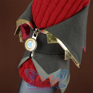 Genshin Impact Jahoda Cosplay Costume left leg warmer, it is red and grey with gold decoration