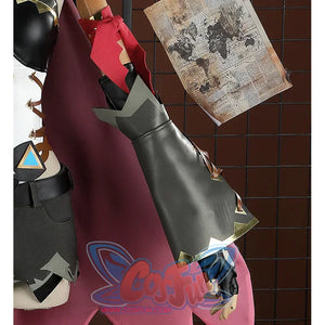 Genshin Impact Jahoda Cosplay Costume, grey and black left sleeve with golden edge and brown straps