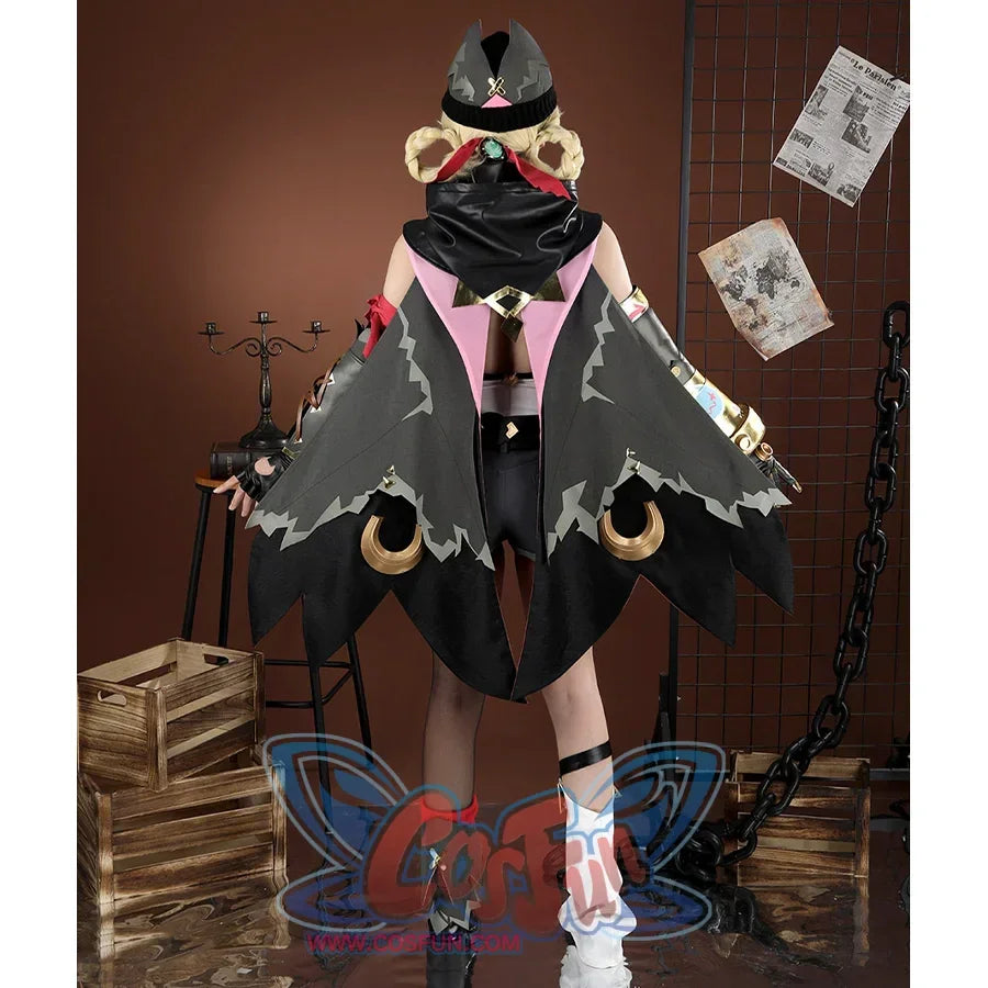 Genshin Impact Jahoda Cosplay Costume, grey and black outfit with fullness decoration, model back view