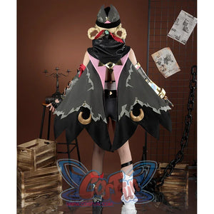 Genshin Impact Jahoda Cosplay Costume, grey and black outfit with fullness decoration, model back view