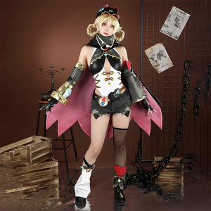 Genshin Impact Jahoda Cosplay Costume, grey, white and black outfit with fullness accessories, model front view