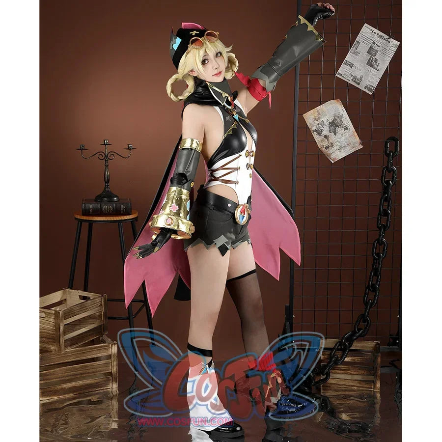 Genshin Impact Jahoda Cosplay Costume, grey, white and black outfit with fullness accessories, model left side view