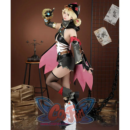 Genshin Impact Jahoda Cosplay Costume, grey, white and black outfit with fullness accessories, model right side view