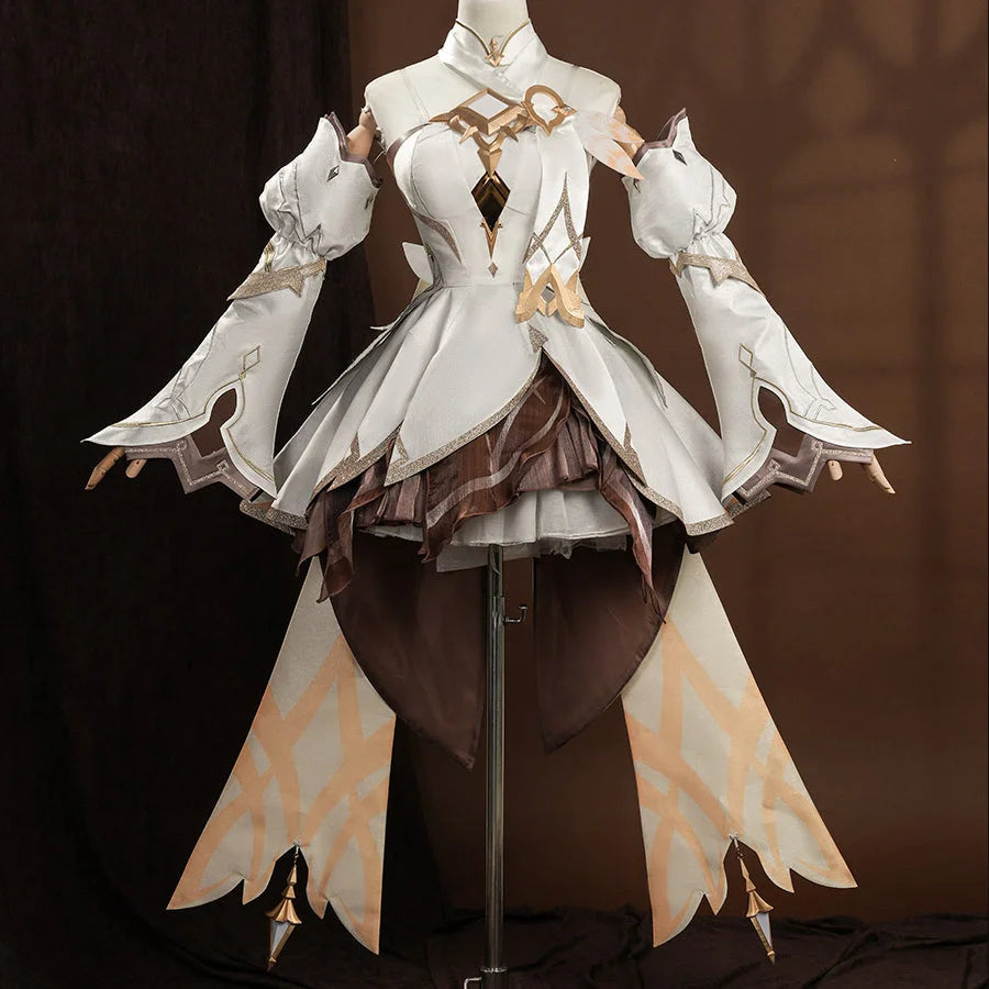 COSFUN Genshin Impact Traveler Lumine cosplay dress layers gold hardware over a multi-tier high-low skirt.