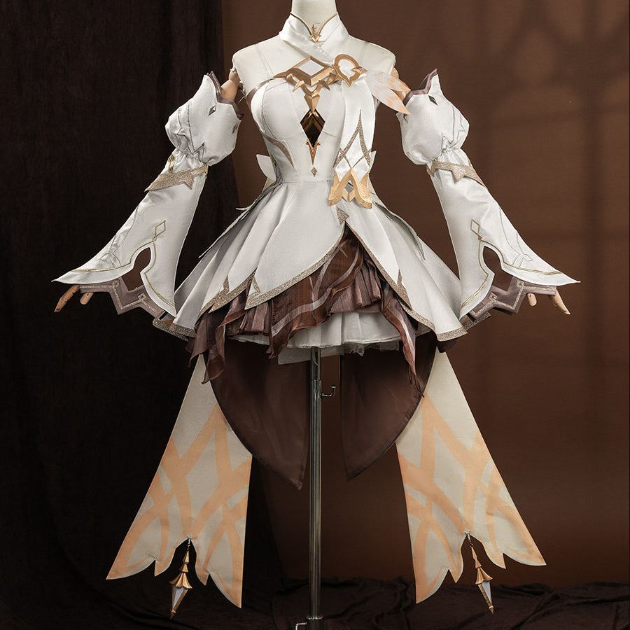 Genshin Impact Lumine cosplay costume full set on mannequin, white dress with gold trim
