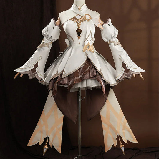 COSFUN Genshin Impact Traveler Lumine cosplay dress layers gold hardware over a multi-tier high-low skirt.