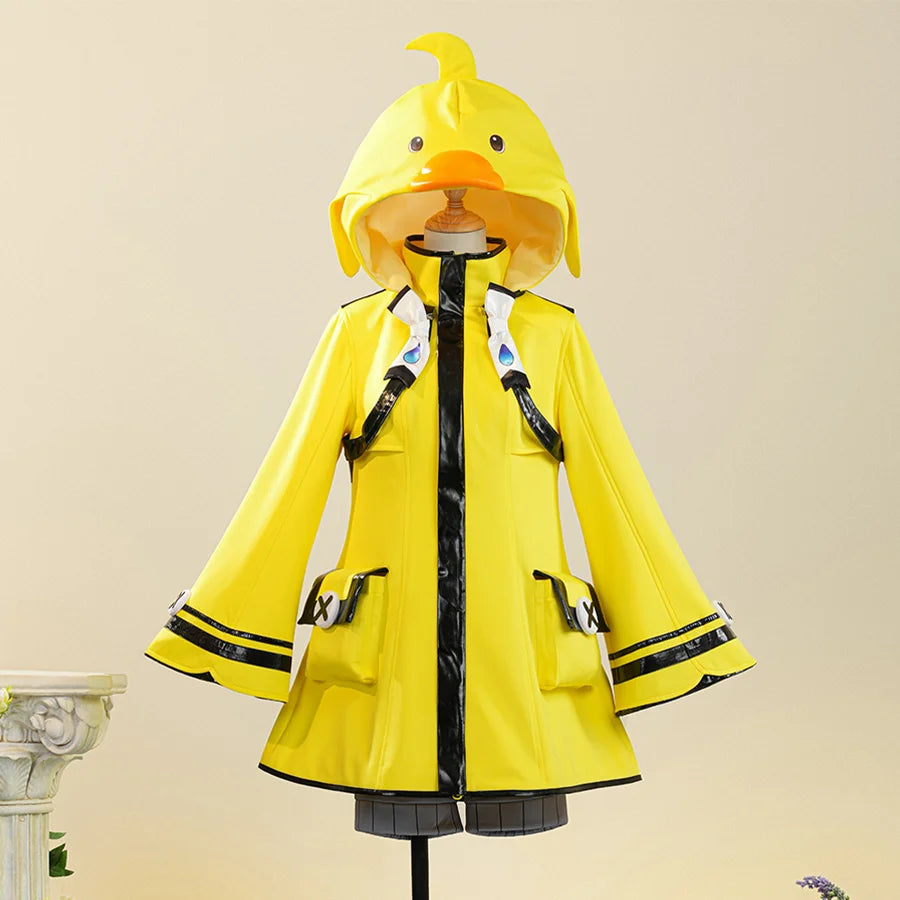 Miliastra Wonderland Manekin cosplay costume featuring yellow hooded jacket with bird design and skirt