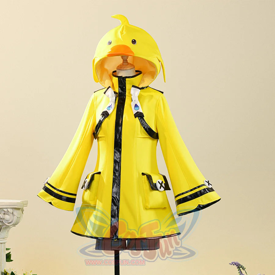 Miliastra Wonderland Manekin cosplay costume left side view with yellow jacket and bird hood detail