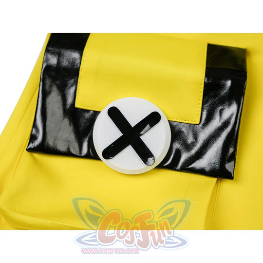 Miliastra Wonderland Manekin cosplay costume pocket close-up featuring black leather trim and X button
