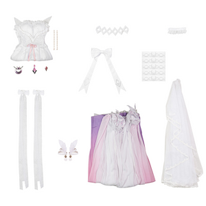 Complete FES Columbina cosplay costume set with dress, veil, mask, accessories, and all pieces