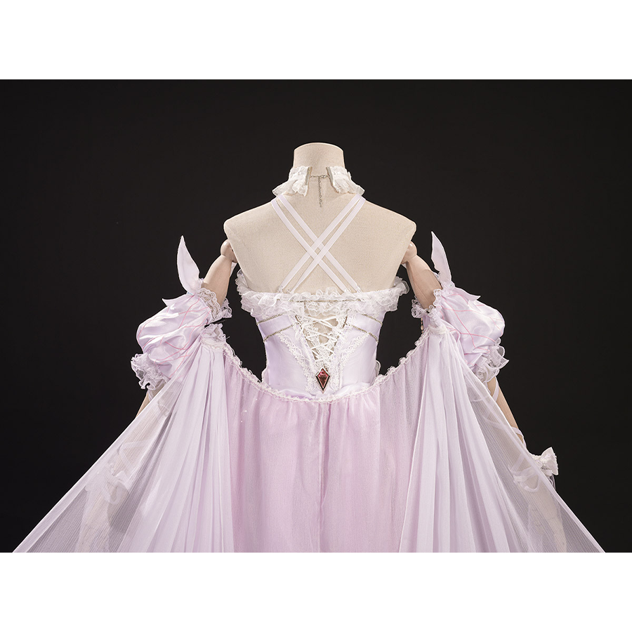 Back view of FES Columbina cosplay costume on mannequin with pink puffy sleeves and white straps