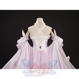 Back view of FES Columbina cosplay costume on mannequin with pink puffy sleeves and white straps