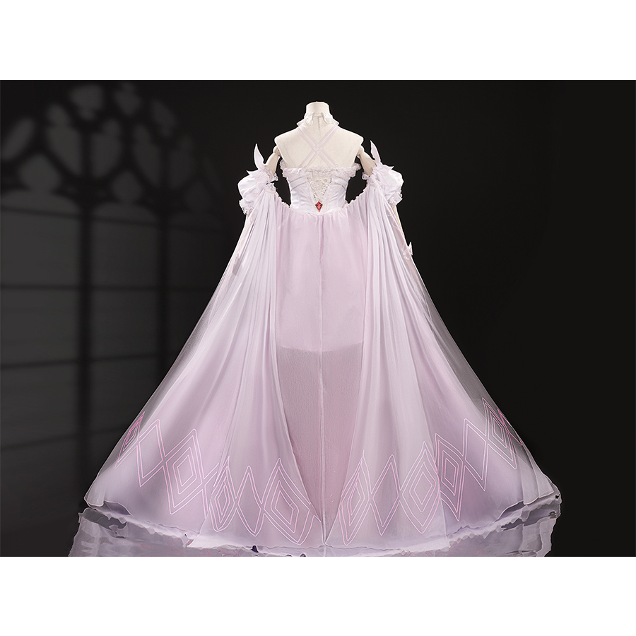 Back view of FES Columbina cosplay costume with sheer pink cape and white geometric patterns
